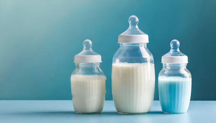 Close-up of three baby bottles with milk on light blue background. Feeding time. - obrazy, fototapety, plakaty
