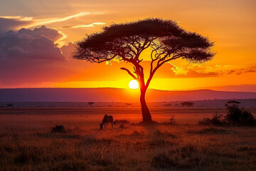 Adventure and safari in Kenya, Africa with sunset on the black continent and the cradle of humanity
