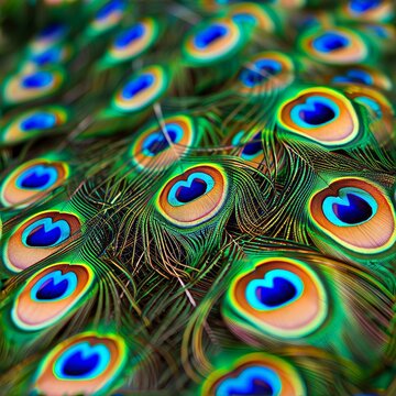 Close up capture of colorful peacock plumage creating a stunning background image