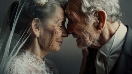 Elderly couple in wedding attire share a tender moment, their faces close, showcasing a lifetime of love and companionship. 50th wedding anniversary