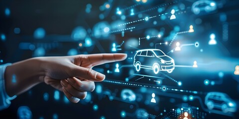 Navigating Car Insurance, Leasing, and Purchasing Options: A Hand Points to Various Car Icons. Concept Car Insurance, Leasing Options, Purchasing Decisions, Comparison Tools