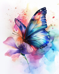 Watercolor colorful butterfly on a flower painting decoration wallpaper white background