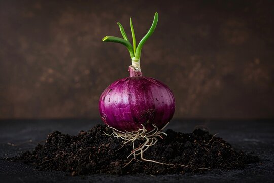 a purple onion with a green sprout growing out of dirt