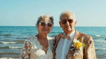 Senior couple in wedding attire stands by the sea. Golden wedding anniversary celebration. Grannie and grandpa wedding. 50 years together. Old couple married