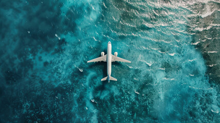 Fototapeta na wymiar A stunning white aircraft soars gracefully above the vibrant turquoise expanse of the ocean