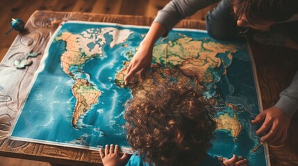 A parent and child poring over a world map together, dreaming of the adventures that await beyond familiar borders. - obrazy, fototapety, plakaty