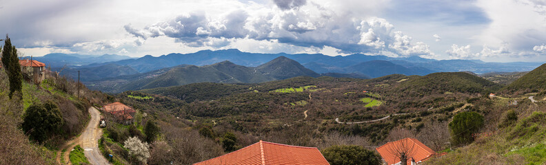 Panoramic view from Markos village, western Arcadia, Peloponnese, Greece in spring cloudy day. - obrazy, fototapety, plakaty