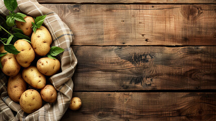 Fresh potatoes lie neatly on a wooden background - obrazy, fototapety, plakaty