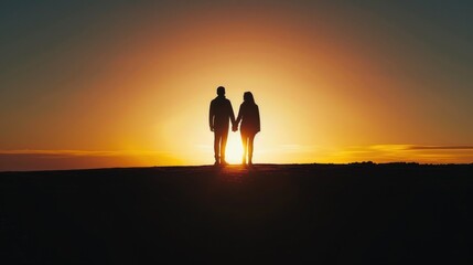 Two silhouetted figures hold hands against a dramatic sunset, embodying a tranquil moment of connection and unity