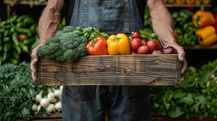 A man is holding a wooden crate full of vegetables including broccoli, tomatoes, peppers, and onions
