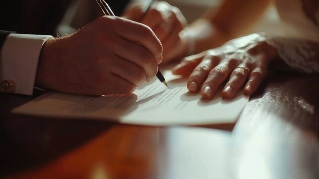 Close-up of a couple's hands as they sign a marriage certificate, a symbol of their promise and the start of a new chapter together. Marriage contract, Prenuptial agreement