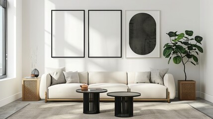 A modern living room with black frame mockups highlighting abstract geometric artwork.