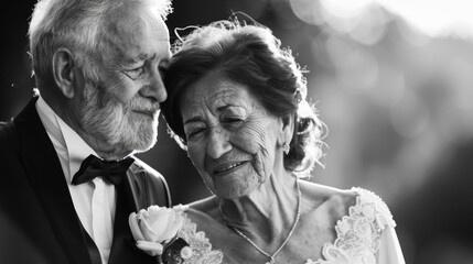 A monochrome closeup of an elderly couple in formal attire, their faces reflecting a profound and...