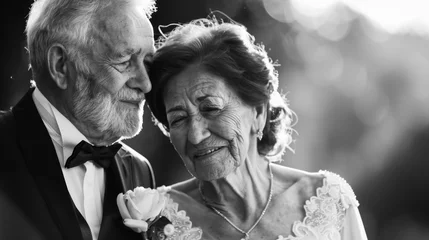 Foto op Plexiglas A monochrome closeup of an elderly couple in formal attire, their faces reflecting a profound and dignified love. Golden wedding anniversary celebration. Grannie and grandpa wedding. 50 years together © Rodica