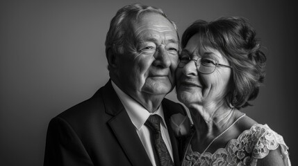 A monochrome closeup of an elderly couple in formal attire, their faces reflecting a profound and dignified love. Golden wedding anniversary celebration. Grannie and grandpa wedding. 50 years together