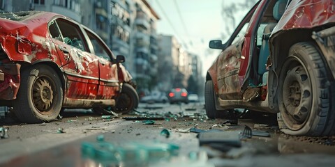 The Significance of Road Safety and Insurance: Two Damaged Cars on a City Street After a Collision. Concept Road Safety, Insurance, Car Collision, Vehicle Damage, Urban Street - obrazy, fototapety, plakaty
