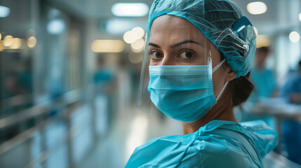 A focused nurse with a stethoscope and surgical mask stands in a hospital corridor - obrazy, fototapety, plakaty