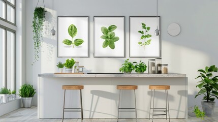 A modern kitchen with silver frame mockups showcasing culinary herb illustrations.