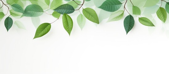Fresh green leaves contrast against a clean white background, creating a vibrant and natural aesthetic. The leaves are patterned against a wallpaper backdrop, evoking a sense of spring and summer. - obrazy, fototapety, plakaty
