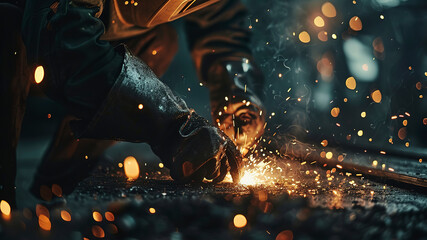 close up of a welder is welding in the workstation, welder at the workstation, welder doing hard work in the garage - obrazy, fototapety, plakaty