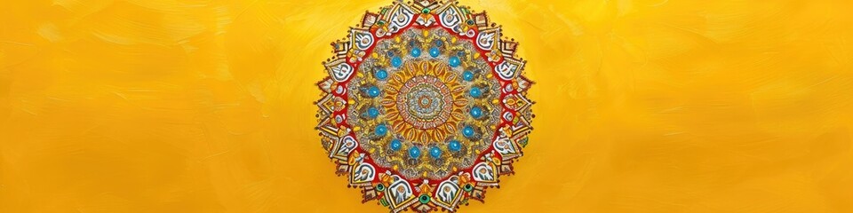 a mesmerizing mandala on a mustard yellow surface, capturing the precise details and vibrant colors with unparalleled sharpness.
