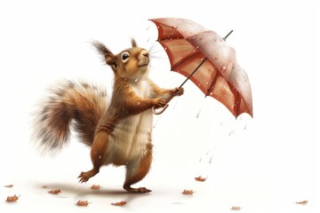 A delighted squirrel holding a tiny umbrella and dancing in the rain. Illustration On a clear white background 