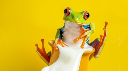 A vivid red-eyed tree frog perched gracefully atop a swirling splash of milk against a vibrant yellow background, capturing a dynamic and whimsical moment.