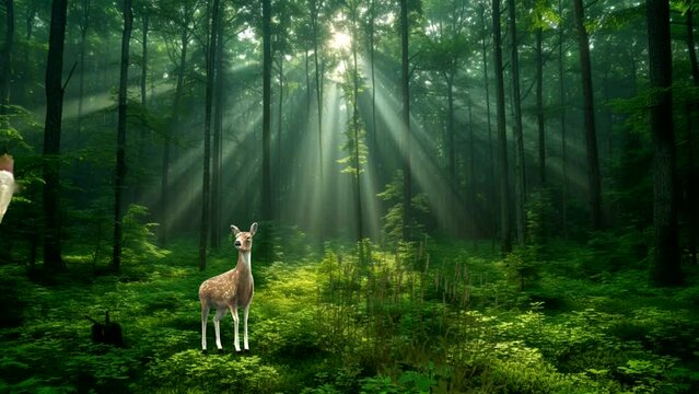 Natural scenery, In the glitter of the lush forest, the sun hugs the green leaves, Seamless looping 4k time-lapse animation video background
