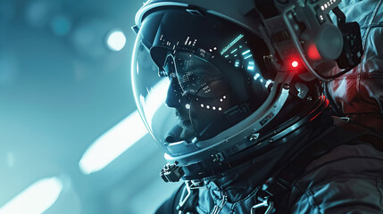 An astronaut in a spacesuit with latest sensors and HUD data signals against the background of spacecraft's display boards. Concept of space exploration and exploration of intergalactic space