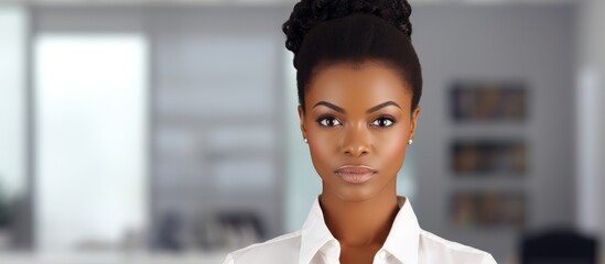 A young African woman exudes confidence in a professional setting, wearing a white shirt and showcasing her leadership skills. Her black hair frames her face as she occupies space in an isolated white