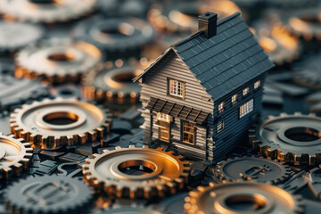 A beautifully captured image that illustrates a classic wooden house resting on intricate mechanical gears, portraying a blend of traditional and industrial themes - obrazy, fototapety, plakaty