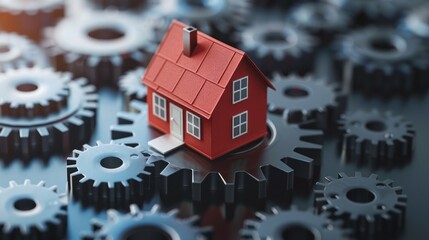 A vibrant red house model stands atop a sea of interlinked grey gears, exemplifying the housing market mechanics