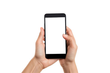A person hand is holding a cell phone with a white background or transparent background