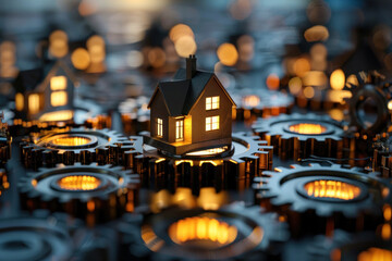 A striking house model on illuminated gears creating a captivating visual of comfort amidst technology in what appears to be nighttime - 768108605