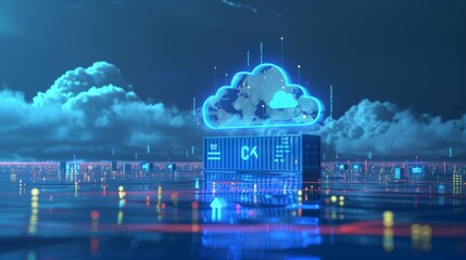 The concept of containerization visualized by cargo containers with clouds and symbols against a digital ocean backdrop