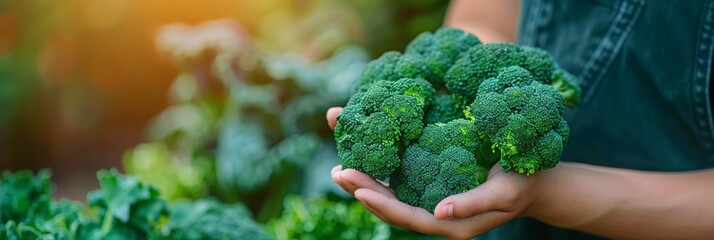 Hand holding broccoli floret with blurred background, space for text   broccoli selection - obrazy, fototapety, plakaty