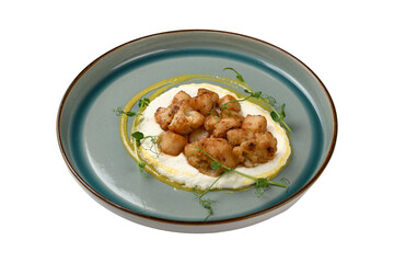 broccoli with rice porridge on a plate, top view, cut out