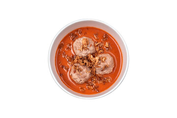 tomato soup with meat in a box, cut out, top view