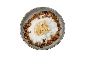 Rice porridge with nuts and mango, cut out, top view