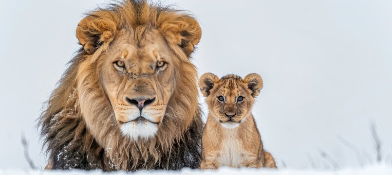 Male lion and cub portrait with space for text, object on right side, perfect for extended captions
