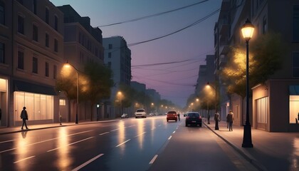 Fototapeta premium A realistic beautiful street in a city with attractive street lights along people are walking and cars on road are parked behind it a evening view