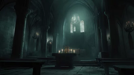 Papier Peint photo Vieil immeuble Altar in a dark gloomy Catholic cathedral, surrounded by shadows, casting an eerie and somber atmosphere