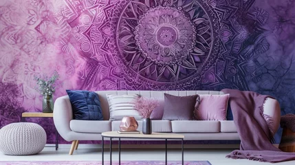 Rolgordijnen a mesmerizing flowering mandala pattern against a serene lavender-colored wall with a plush sofa in the foreground. © Lal