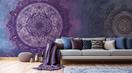 a mesmerizing flowering mandala pattern against a serene lavender-colored wall with a plush sofa in the foreground.