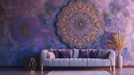 a mesmerizing flowering mandala pattern against a serene lavender-colored wall with a plush sofa in the foreground.