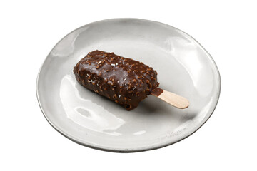 chocolate ice cream ice cream on a stick in a plate, cut out