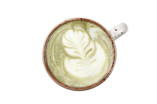matcha latte in a mug, cut out,  top view
