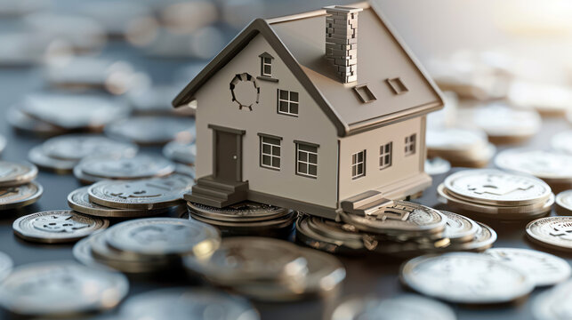 A detailed image portraying a house atop coins mechanism representing the real estate industry's financial machinery