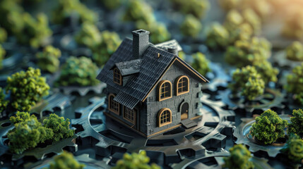 A detailed model of a black house rests on a landscape of metallic gears, depicting the intricacies of the housing market