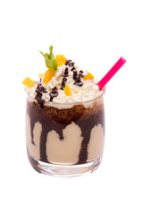 chocolate cocktail in a glass glass with a straw, cut out